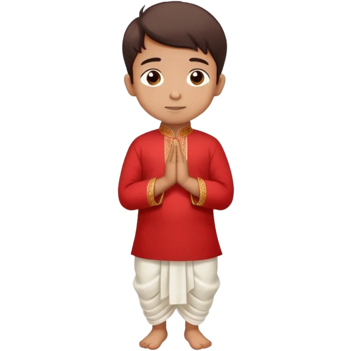 Full body Bengali boy wearing traditional red kurti and white dhoti with hands joined in prayer position emoji
