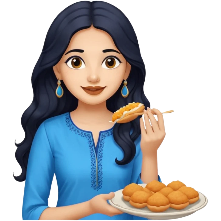 a pretty indian bratz girl with wavy long black hair. eyeliner on, wearing a blue kurti, eating vadapav emoji