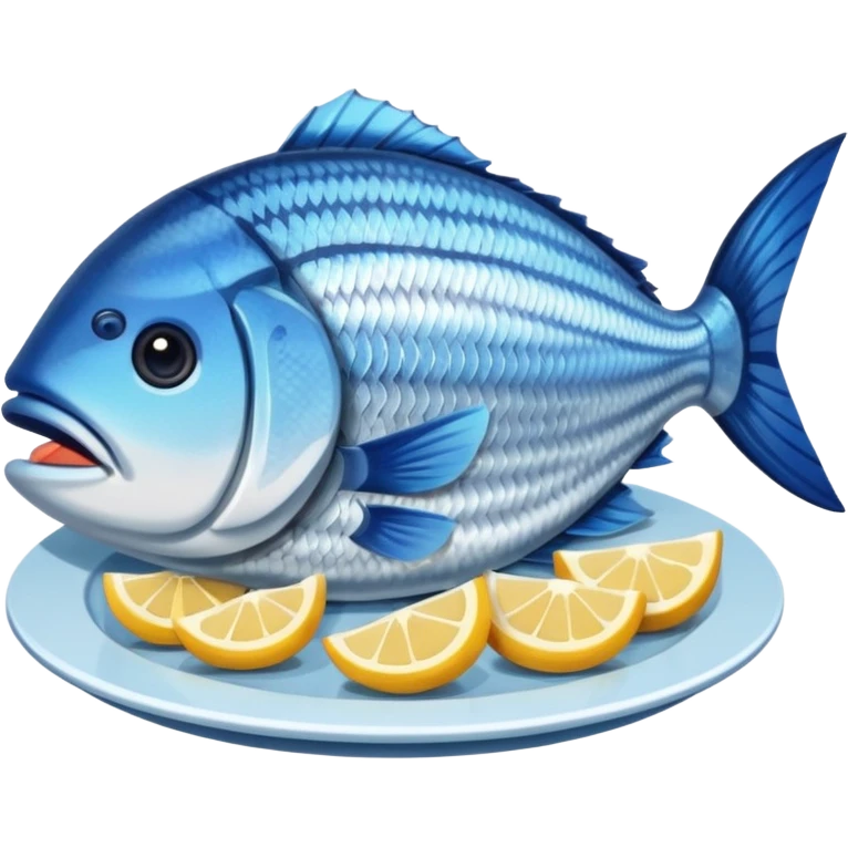 Fish dishes avatar in bright emoji-style illustration. Grilled fish, fillets, and seafood, blue and silver tones, simple shapes, flat design, fresh and flavorful. emoji