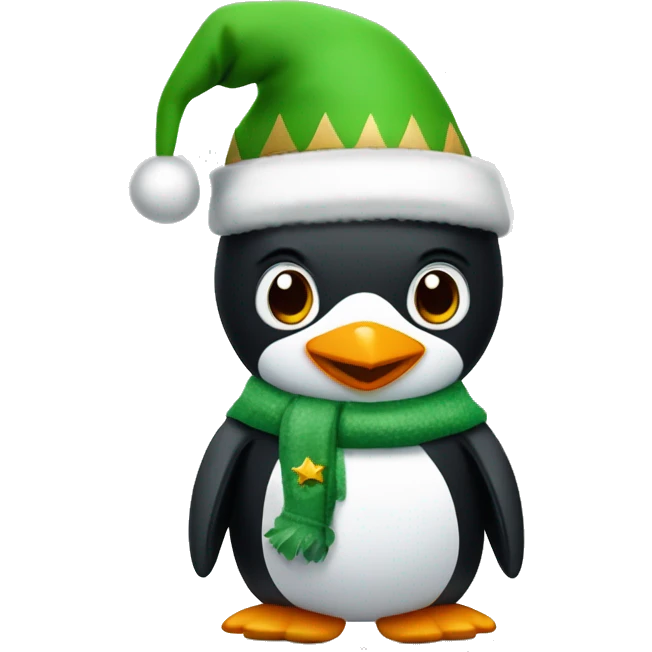 A penguin with a green Christmas hat with a small pom pom on it and a green elf vest with belly showing emoji