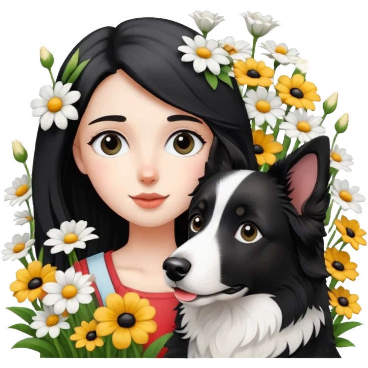 A girl is holding a black and white border collie in the flowers emoji