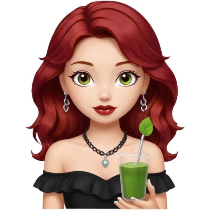 a pretty fair bratz girl with wavy dark red hair, wearing a black off shoulder top . silver dainty layered necklaces, carrying a matcha emoji