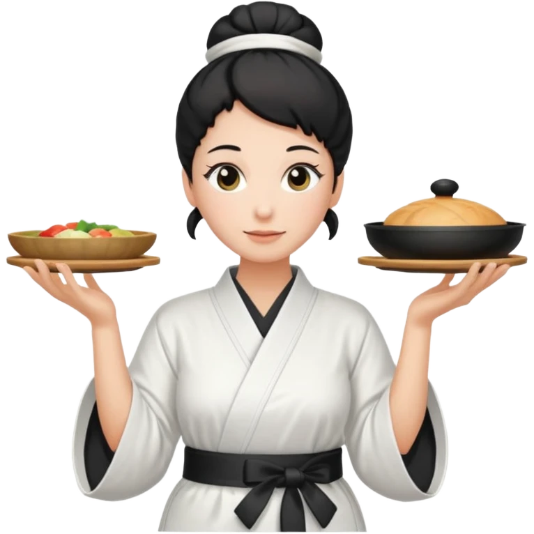middle age mom with black bun wearing white home kimono and white apron emoji