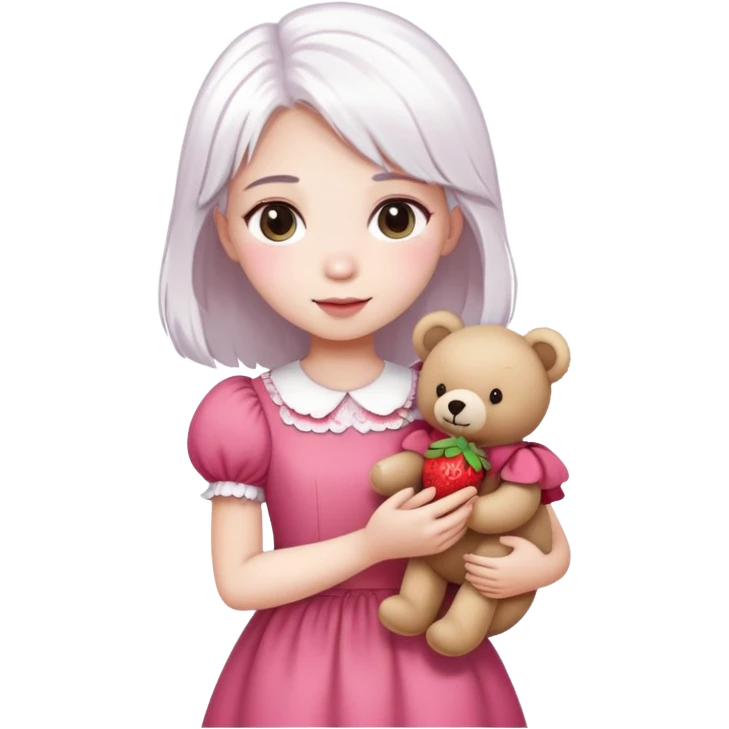 girl with white hair holding a strawberry wearing a pink dress holding a teddy bear emoji