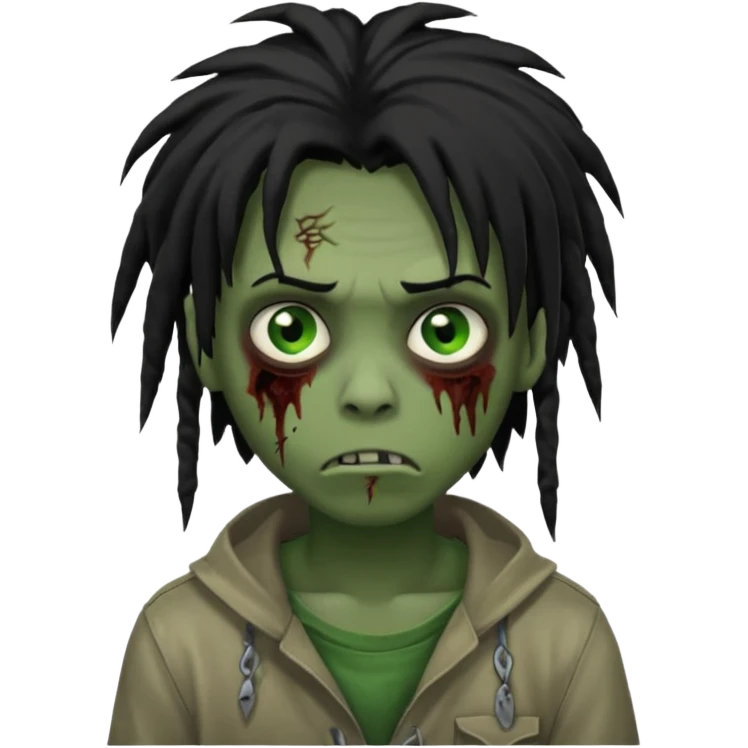 Boy, zombie, black hair,dreads, medium long, emo, shaggy, dark, spooky, creepy expression, green eyes emoji