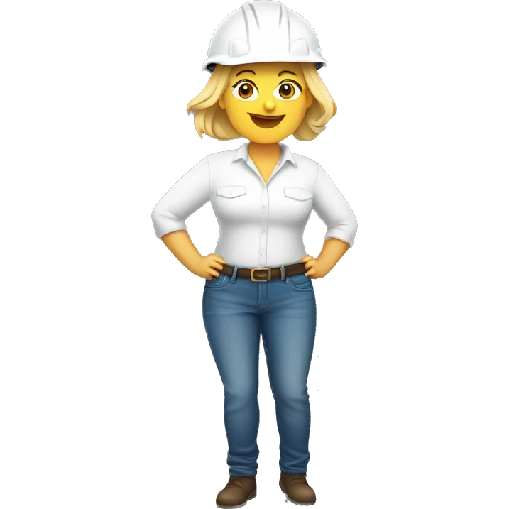 Blond short hair middle age woman with curvy body. White shirt and jeans. Construction helmet on hands emoji