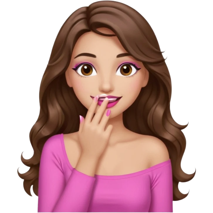 girl with long wavy brown hair, brown eyes, long lashes makeup, sexy pink lips, light to medium complexion, pink sexy top, smiling, hand covering mouth emoji