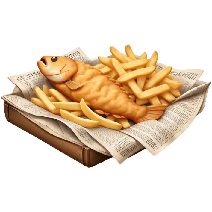 Fish and Chips Cinematic Realistic Fish and Chips Dish Emoji, depicted as a crispy battered fish fillet and golden chips served in traditional newspaper wrapping, rendered with lifelike textures and warm natural lighting that captures its iconic British street food charm  . emoji