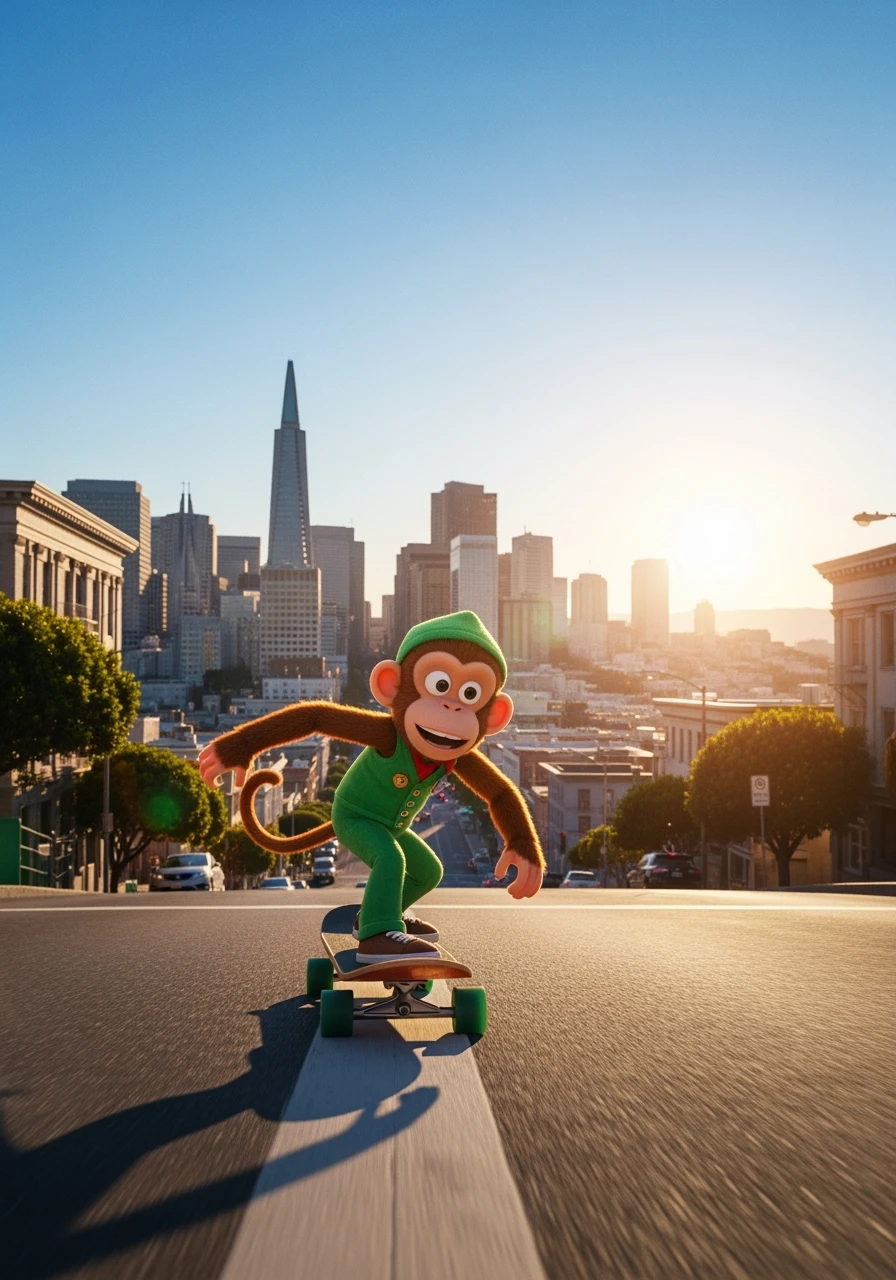 Disney style Cinematic still scane, Low angle shot, monkey dress in green outfit, monkey ride on skateboard, san francisno downtown with city lanscape, blue clean sky, captured by ARRI Alexa XT, soft cinematic lightning, back light, inspired by ToyStory 4 emoji