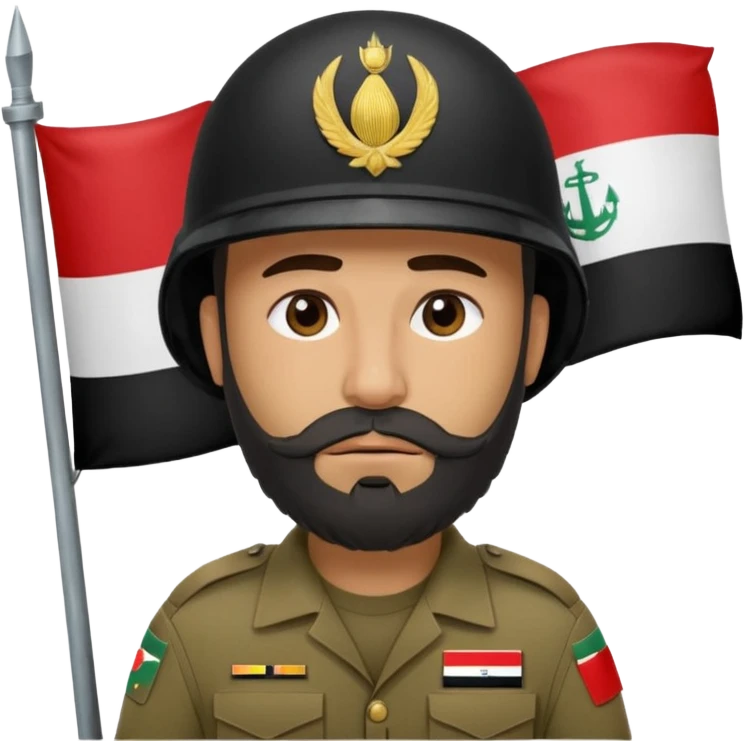 A tired, swarthy Iraqi soldier with a beard, an Iraqi flag on his helmet, a sad expression and bags under his eyes emoji
