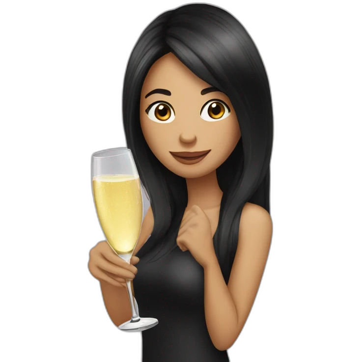 Funny woman with black long hair drinks champagne emoji