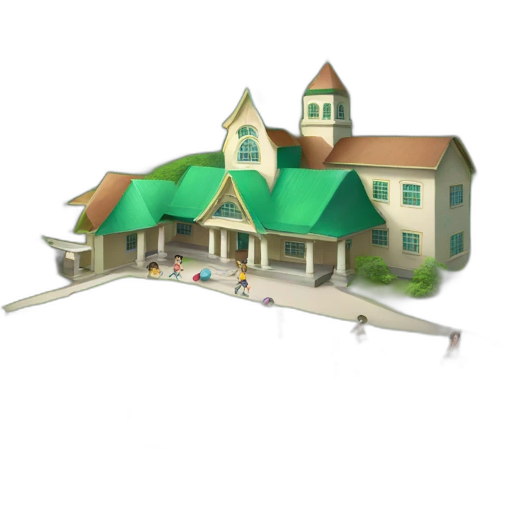 a small school at the foot of a beautiful green mountain with children playing balls emoji