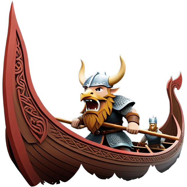 clash-of-clans-aesthetic_-cinematic-viking-longboat, rendered in a flat, bold vector style with minimal shading, featuring a striking dragon-headed prow slicing through icy, churning waters. shields on the side and vikings rowing The longboat’s intricately detailed shields and carved motifs evoke a sense of epic adventure and Nordic might, with billowing sails catching a dramatic, stormy sky backdrop. emoji