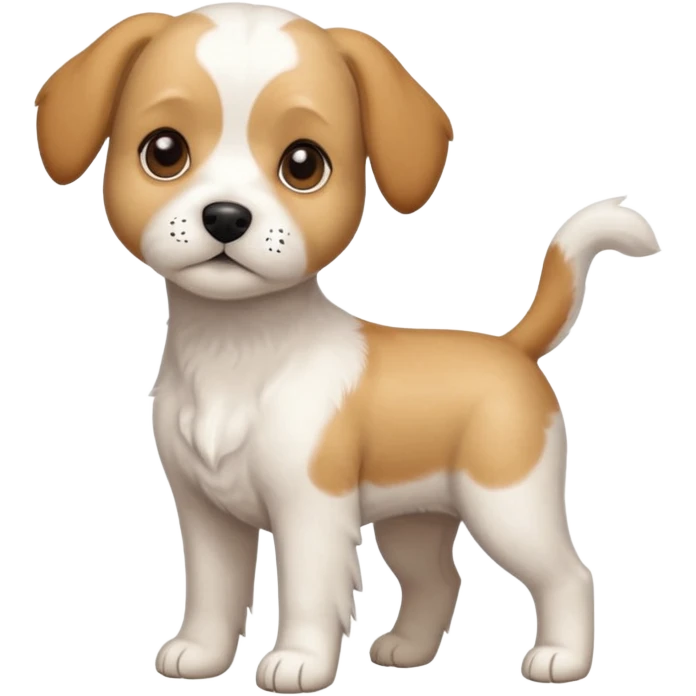 a full body white beagle x maltese x chi dog the size of a kelpie with light brown ears and a light brown patch on one eye emoji