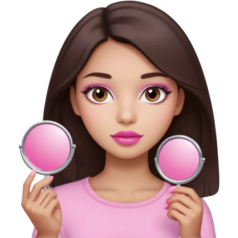 A dark brown hair beautiful eyes medium skin tone of girl carrying a pink mirror to her self and have lip stick on one of her hand look like pink pastel the packaging similar to Rhode lip  emoji