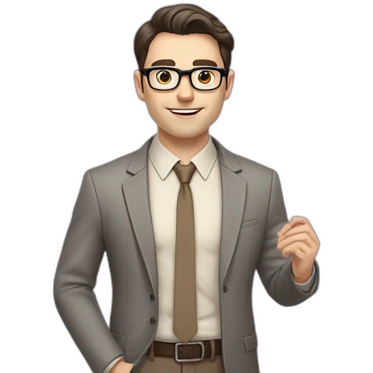 Pale skinned fit man with dark brown hair in gray jacket, beige office shirt, brown tie, brown pants and vintage glasses Writing text on the flipchart emoji