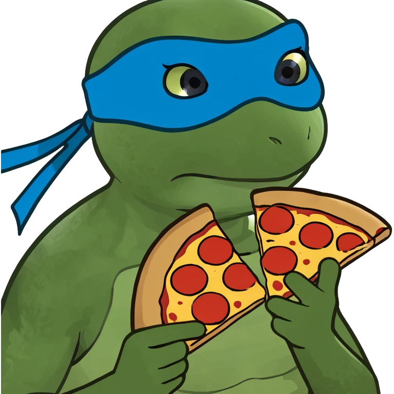 female ninja turtle wearing blue eye mask with pizza emoji