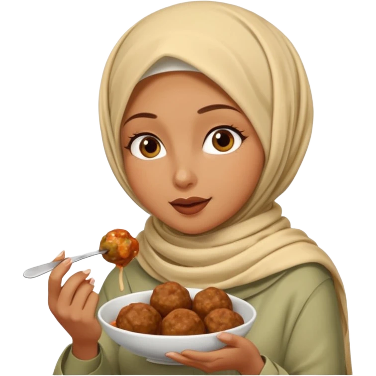 woman wearing a cream colored pashmina hijab eating meatballs emoji