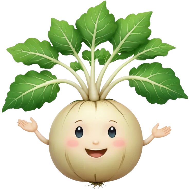 white turnip with cute smiling baby-like face and leafy stalk and cute spindly roots for hands emoji