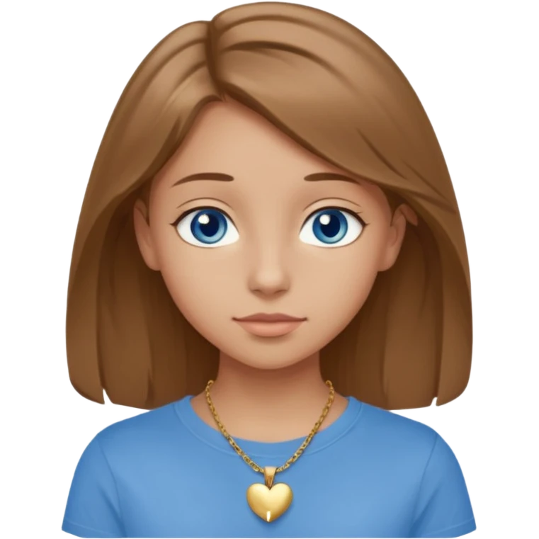 A 16-year-old girl with long, light brown hair and blue eyes. She also has slightly tanned skin, a small nose, and average-sized lips (though her lower lip is slightly larger than her upper lip). She's wearing a taupe T-shirt with a round neck and a gold necklace with a small heart on it. emoji