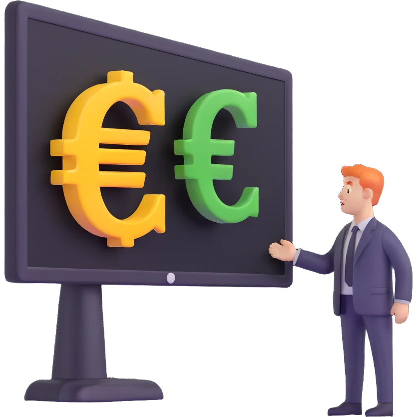 business analyst studying price data with euro symbol € on screen emoji