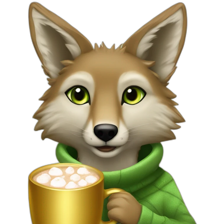 Jackal whit gold furr and light green eyes holding hot cocoa emoji