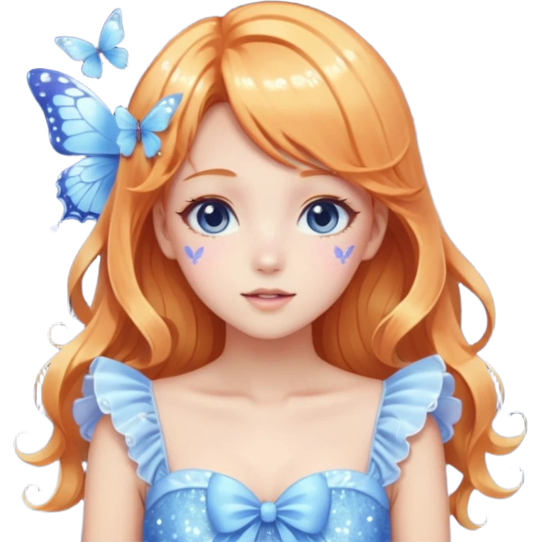 gorgeous shiny blushing pastel core glittery sparkly anime lady with butterflies and beautiful ginger hair fairycore high quality detailed vogue trending aesthetic, blonde hair, blue and white dress emoji