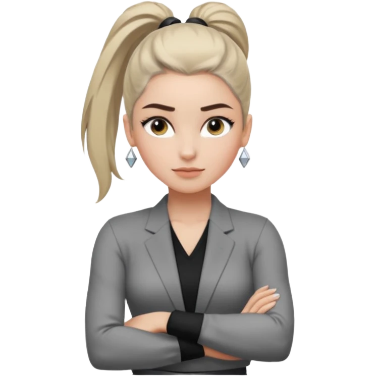 ทำสีตาสีเทาเท่ ๆ มีประกายคม
คิ้วได้รูป มองแล้วดูสตรอง
ผมหางม้าสูง
ลุคสตรีทแฟชั่น
ท่าโพสกอดอก
ฟีล: Girl Boss, cool beauty, minimal but powerful emoji