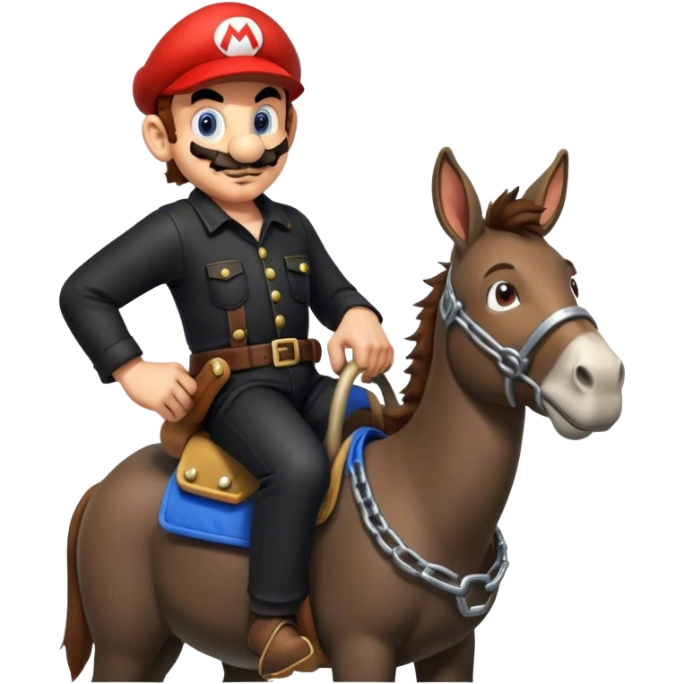 Super Mario in black mechanic clothes riding on a donkey  emoji