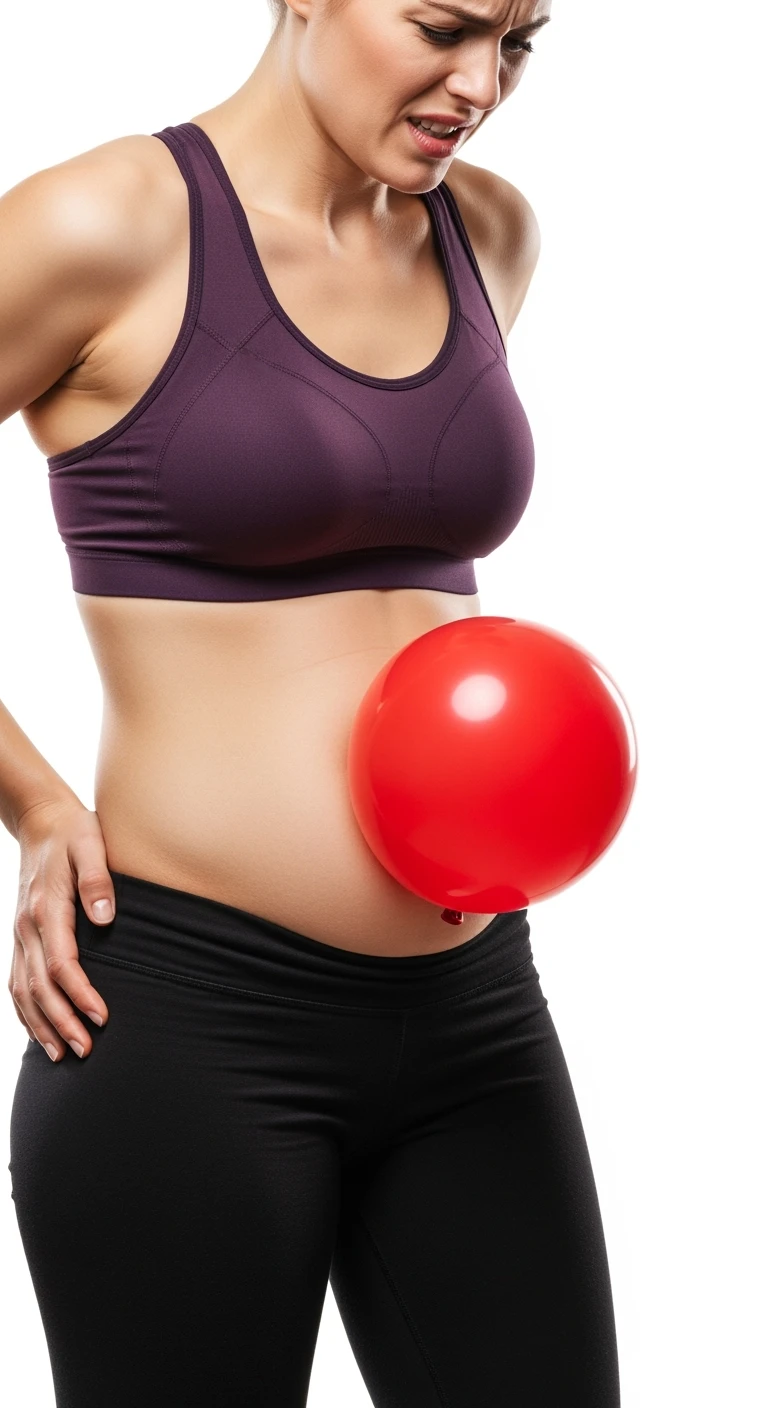 DONNA FITNESS CON PANCIA GONFIA, PALLONCINO ROSSO SULLA PANCIA ED ESPRESSIONE DI DOLORE IN VOLTO, iperrealistico 4k, ISOLATA SU SFONDO BIANCO emoji