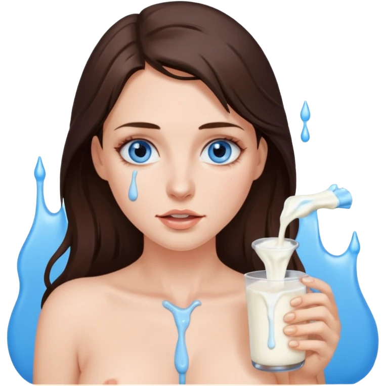 Brunette woman with blue eyes, with big naked tits with nipples, with dripping milk on her face emoji
