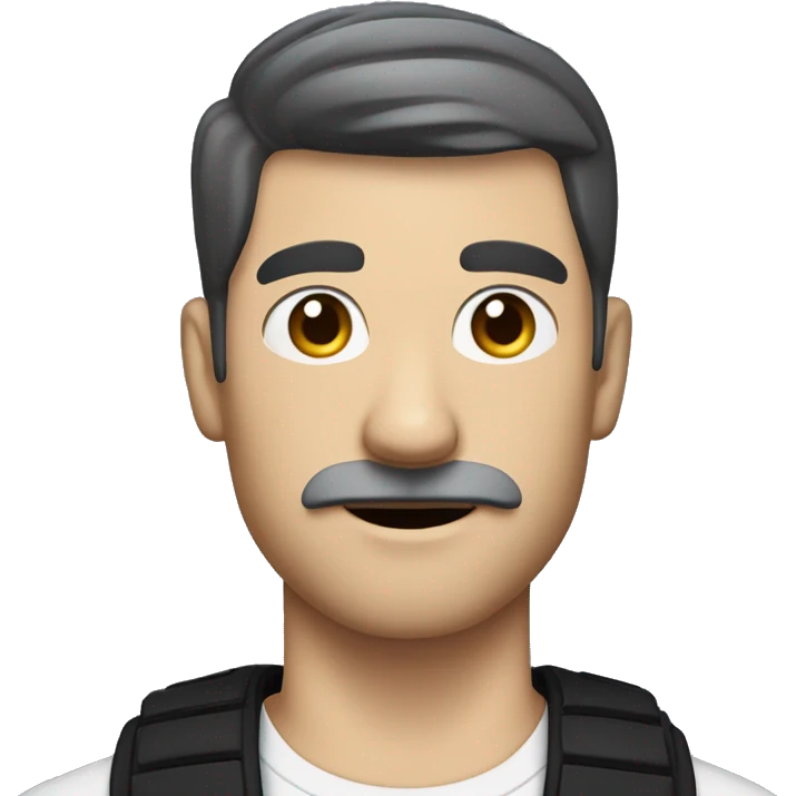 white man with a small square moustache and black side swept bangs short hair holding up his arm emoji