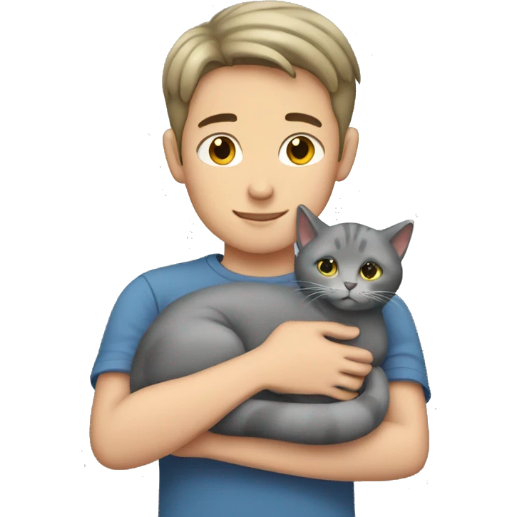 Boy with short hair cuddling grey cat emoji