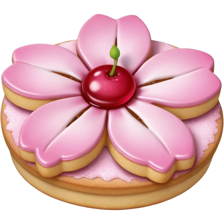 Realistic shortbread cookie in the shape of a cherry blossom with pale pink color jelly middle filling and sprinkled powder sugar on top. emoji
