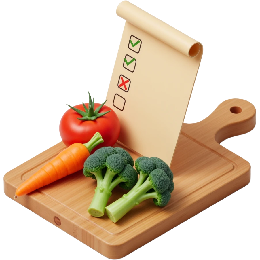 carrot tomato brocoli on the wooden cutting board with floating rolled paper list with checkbox emoji