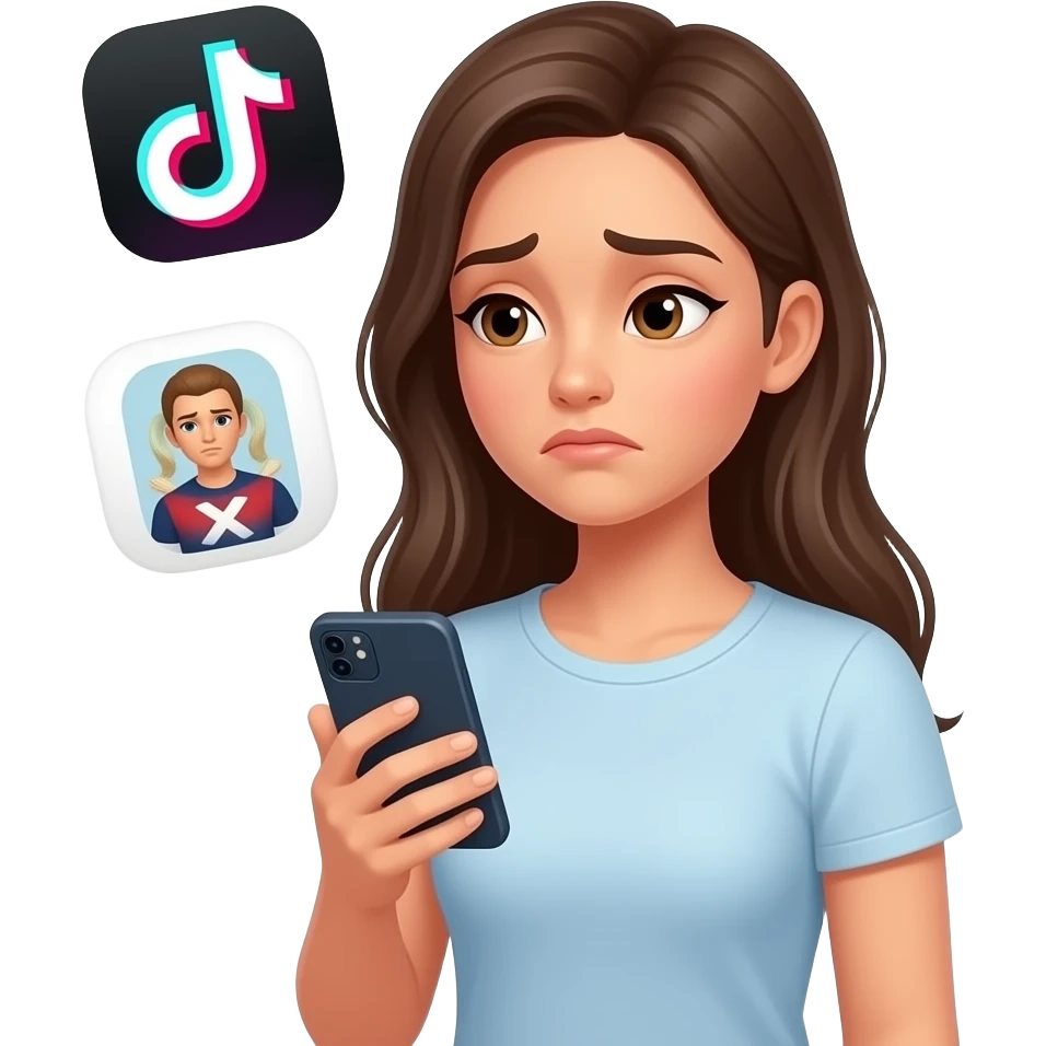 una chica viendo a una influencer  en su celular con un buen cuerpo  ,la chica esta triste , a su  alrededor hay app como  tiktok ,instagram y x emoji
