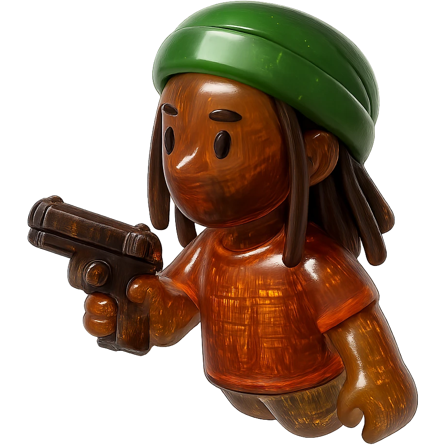 Brownskin man with long brown dreadlocks 
red t-shirt 
green turban 
expression is holding a a gun emoji
