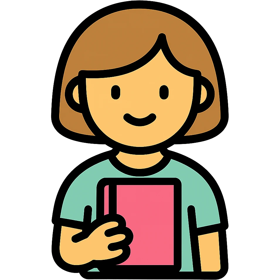A girl with short light brown hair holding a pink book, wearing a mint shirt emoji