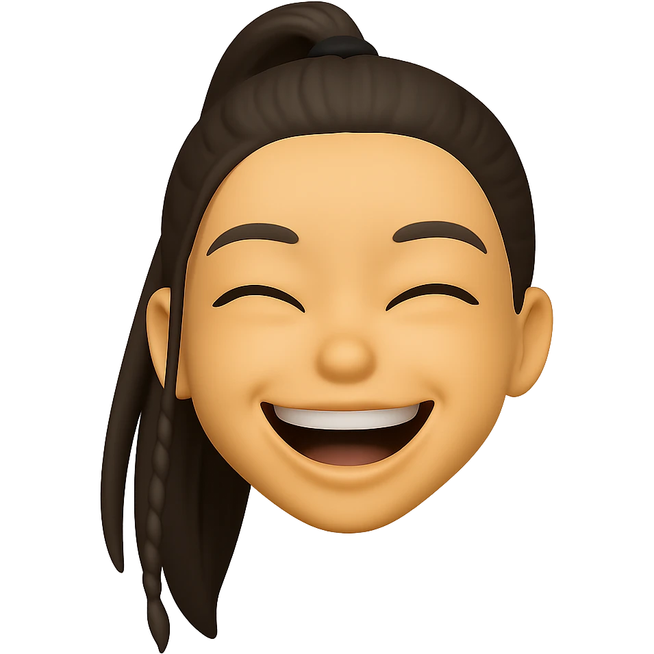 Create an emoji style head of this person with a laughing expression, transparent background. The style should resemble apple style emojis with concise details. emoji
