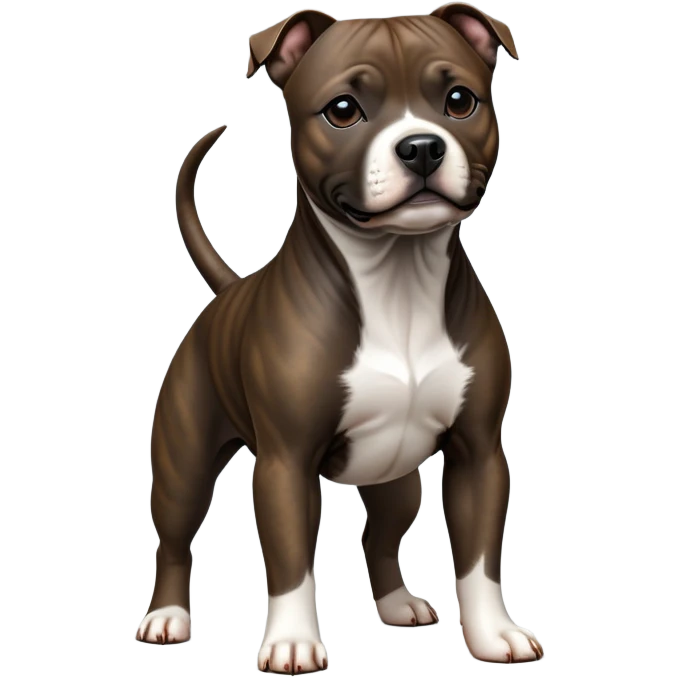 cinematic-[Staffordshire bull terrier]-realistic-full-body-standing-emoji,-tail-resting-loosely-beside-its-paws,-head-tilted-dramatically, -sleek-[dark solid brindle]-fur,-simplified-yet-realistic-focused-features,-highly-detailed,-glowing-with-an-almost-sarcastic-glow emoji