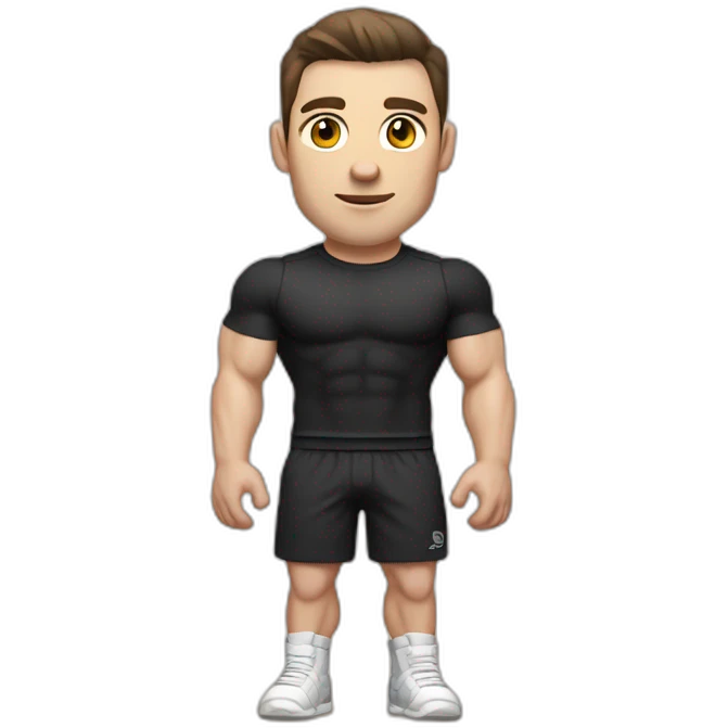 Pale skinned Fit Man With the biceps and dark brown hair in black shirt, gray sports shorts and white Sneakers emoji