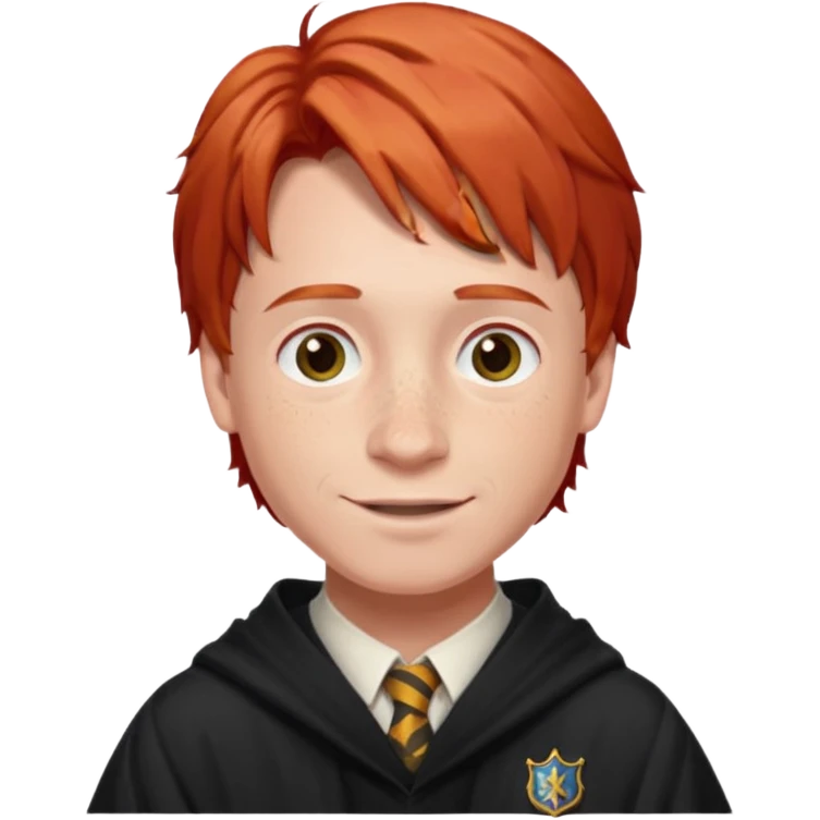 Create a realistic portrait of Ron Weasley with red hair, freckles, Hogwarts robe & warm smile. emoji
