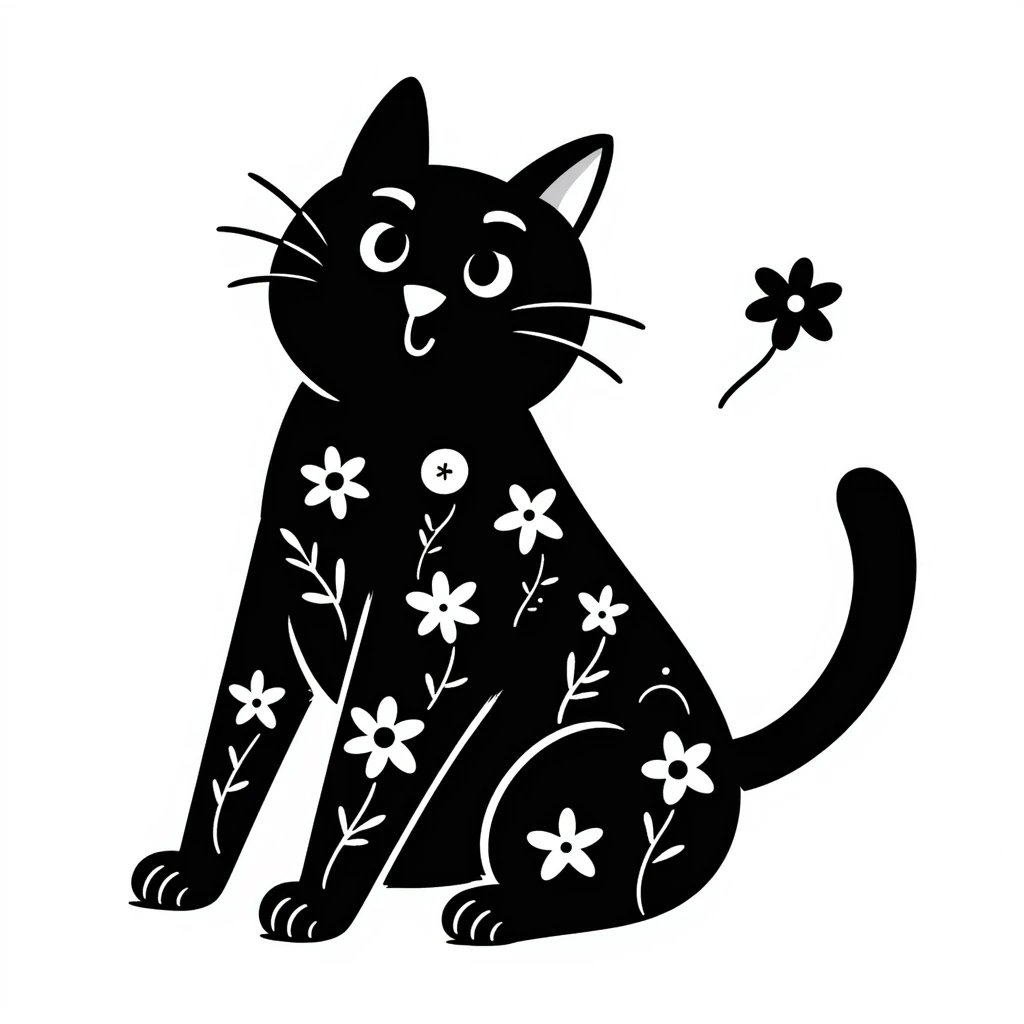 hand drawn cat with floral doodle decorations, doodle style emoji