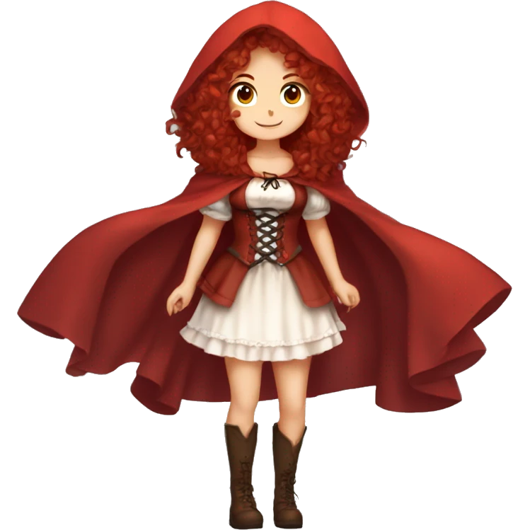 Little Red Riding Hood long curly red hair, brown corset and dress full body pose non-chibi emoji