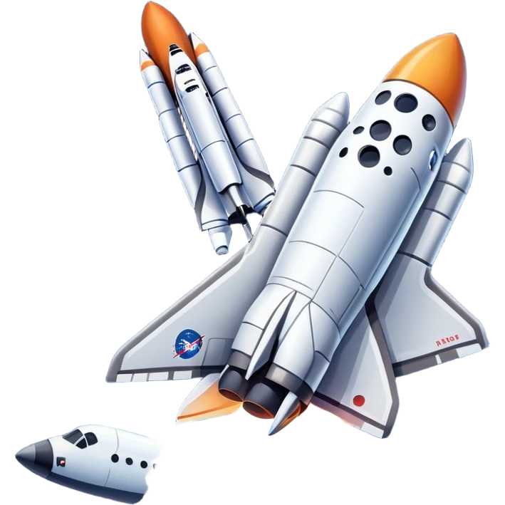 An icon featuring a space shuttle and an airplane against a starry sky, symbolizing aerospace technology. The design includes rocket boosters and satellite orbits, representing the exploration of space and advanced aviation. Transparent background emoji