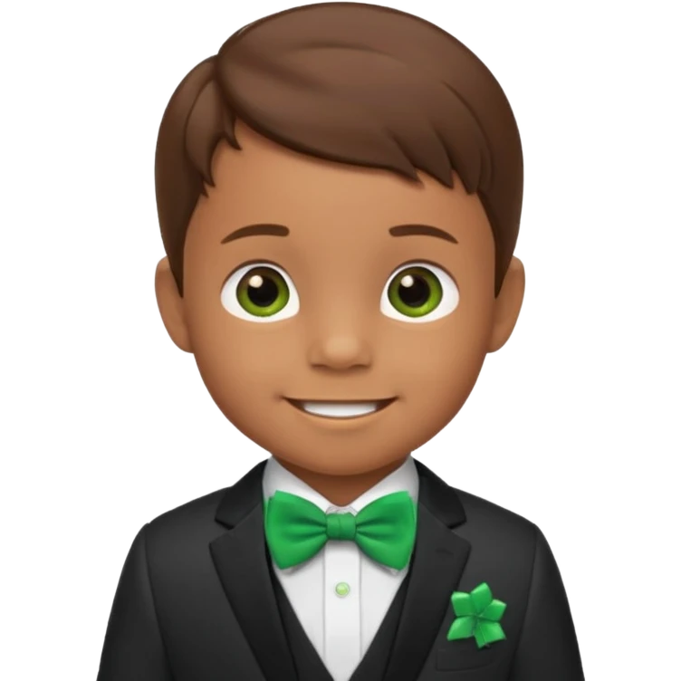 baby cute boy 5 years old, brown hair in suit, with green bow, smile emoji