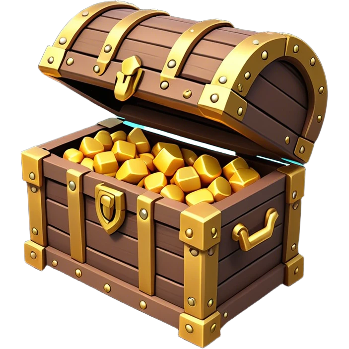 Clash of Clans aesthetic: Cinematic Playful 3D Isometric Treasure Chest Emoji, rendered in a 3D vector-style similar to standard emojis with minimal shading and bold, simplified shapes. A compact, distinct form with signature details, softly glowing with a fantasy RPG magic charm. Simplified yet unmistakably iconic, highly detailed and consistent, glowing with a soft radiance and high shine. Stylized with a touch of heroic grandeur and a soft glowing outline, capturing the essence of a beloved gaming relic with a friendly, playful manner! emoji