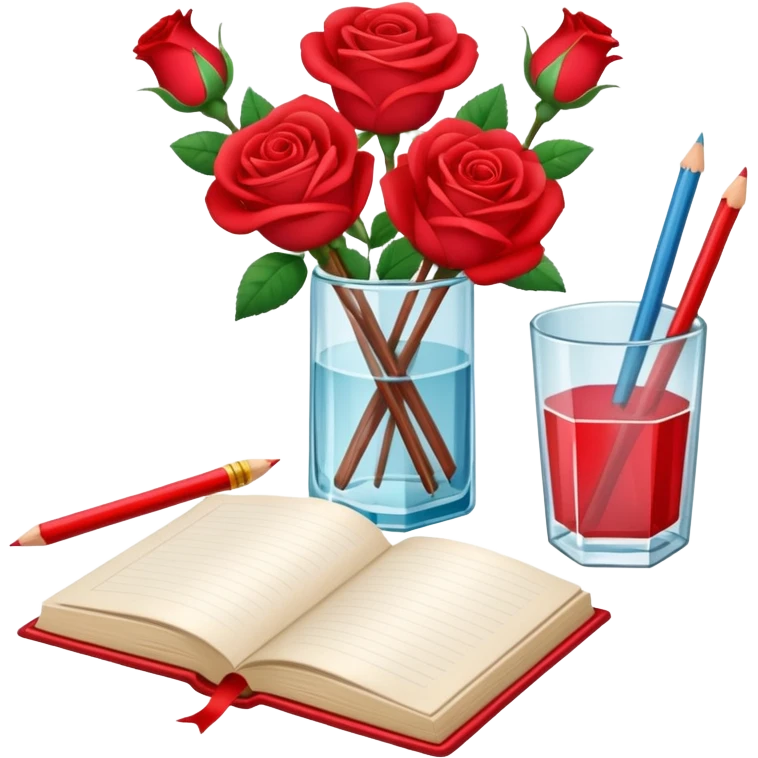 crear pizarra con libros a un lado, cuadernos, lapices, creyones, un vaso de cristal con rosas rojas, estilo vector emoji