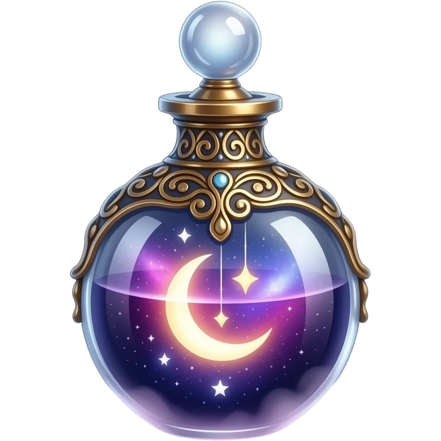 ornate glass vial with metallic filigree, swirling cosmic nebula inside, glowing purple‑pink‑blue light, crescent moon and tiny stars suspended in liquid, resting in soft mist, ethereal magical atmosphere emoji