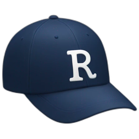 a navy baseball cap with a small white letter R on the front, seen from the side emoji